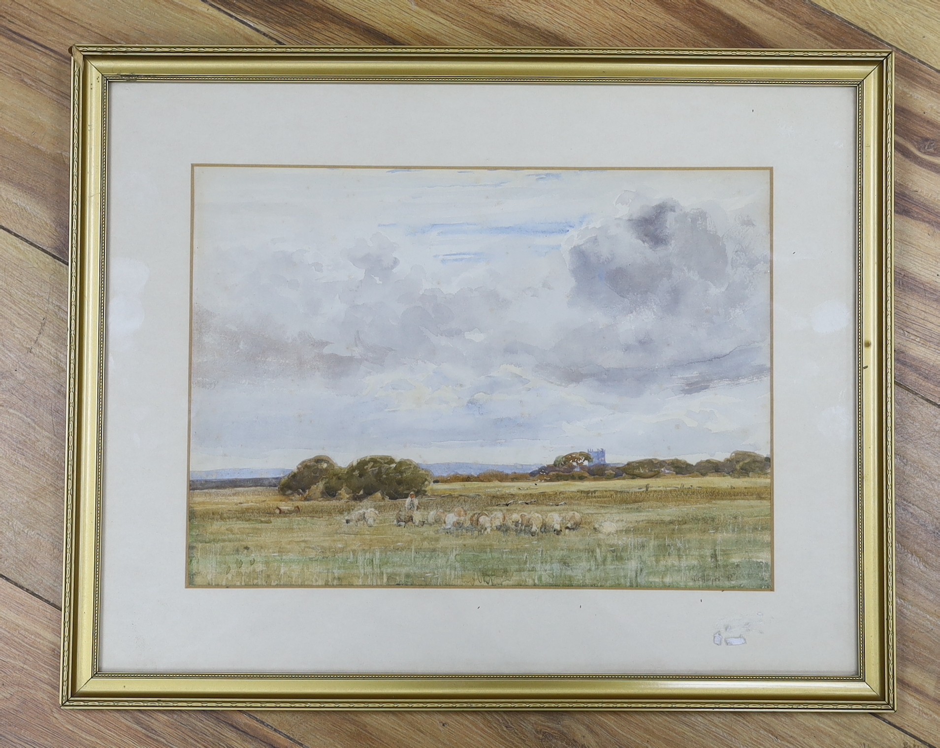 Claude Hayes R.I. (Irish, 1852-1922), watercolour, Shepherd and flock in a landscape, signed, 22 x 30cm